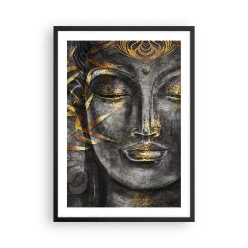 Poster în ramă neagră - Portret al lui Buddha cu strălucire aurie și elemente din frunze de bambus - 50x70cm - Simțiți pacea - Decorațiune modernă pentru perete pentru living și dormitor ARTTOR