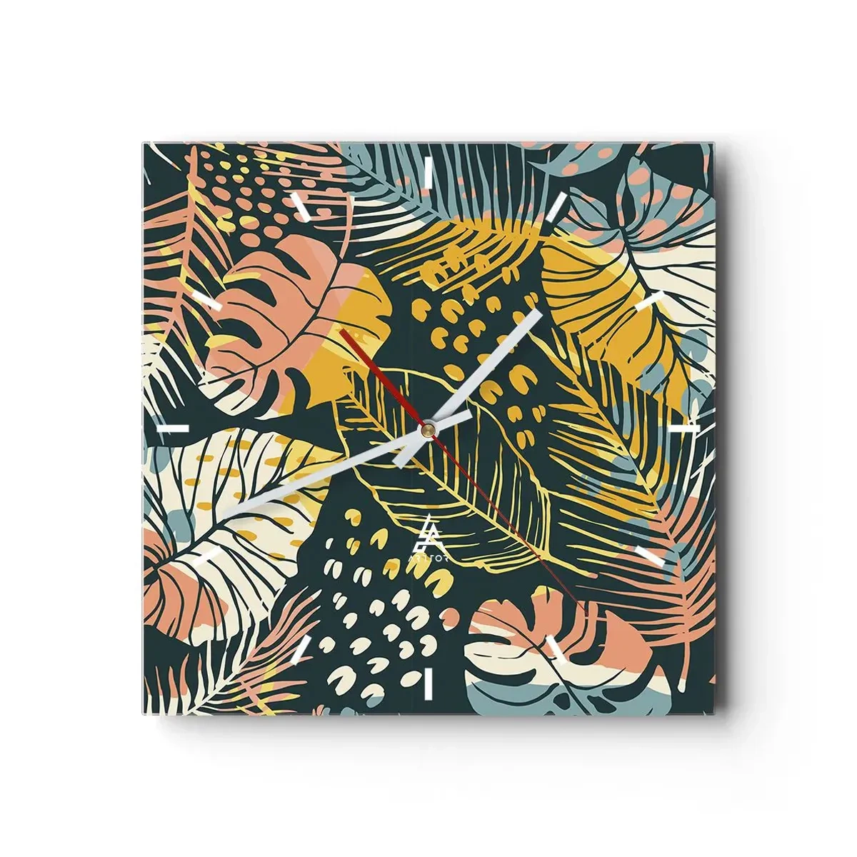 Ceas de perete - Ceas pe sticlă - Fantezie cu frunze - 40x40 cm