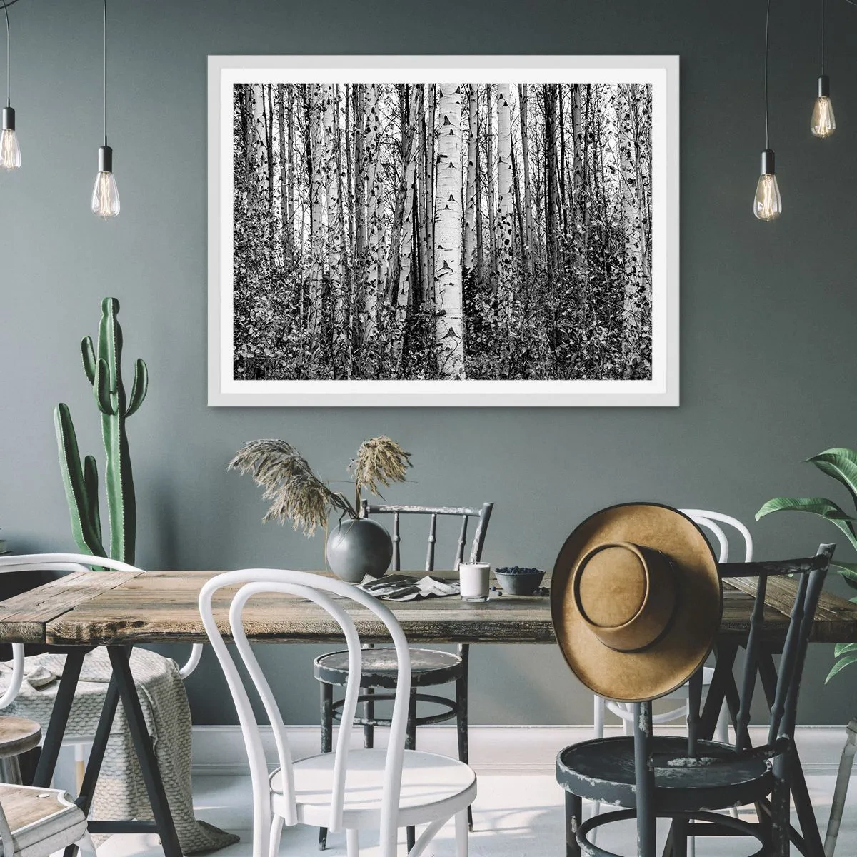 Poster în ramă albă - Coloane de mesteacăn - 100x70 cm