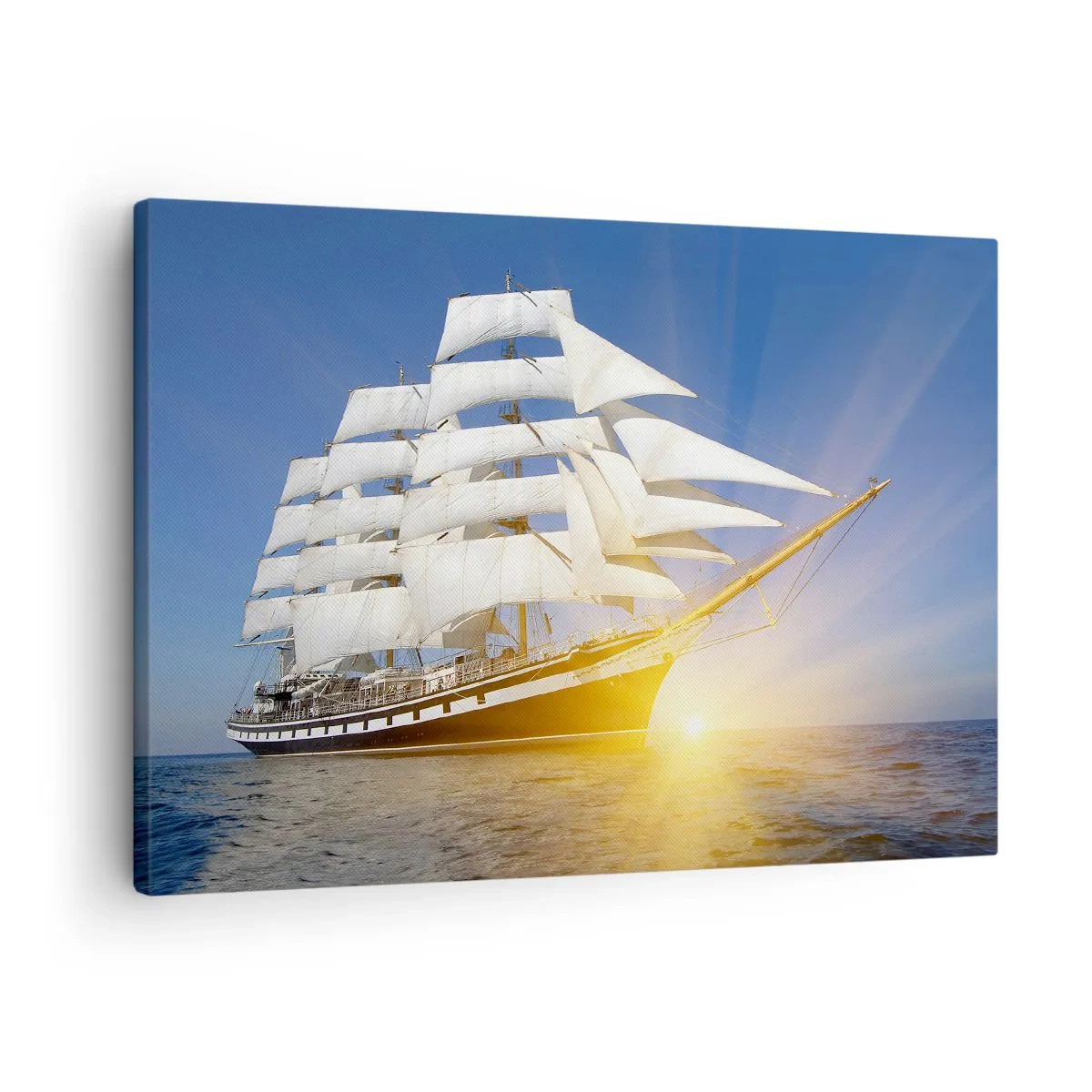 Tablou pe pânză Canvas - O corabie cu pânze pe mare în lumina soarelui care apune - 70x50cm - Timpul lor nu trece niciodată - Decorațiune modernă pentru perete pentru living și dormitor ARTTOR