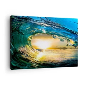 Tablou pe pânză Canvas - Valuri oceanice la soare cu vedere la orizont - 70x50cm - În cristal de aur și smarald - Decorațiune modernă pentru perete pentru living și dormitor ARTTOR