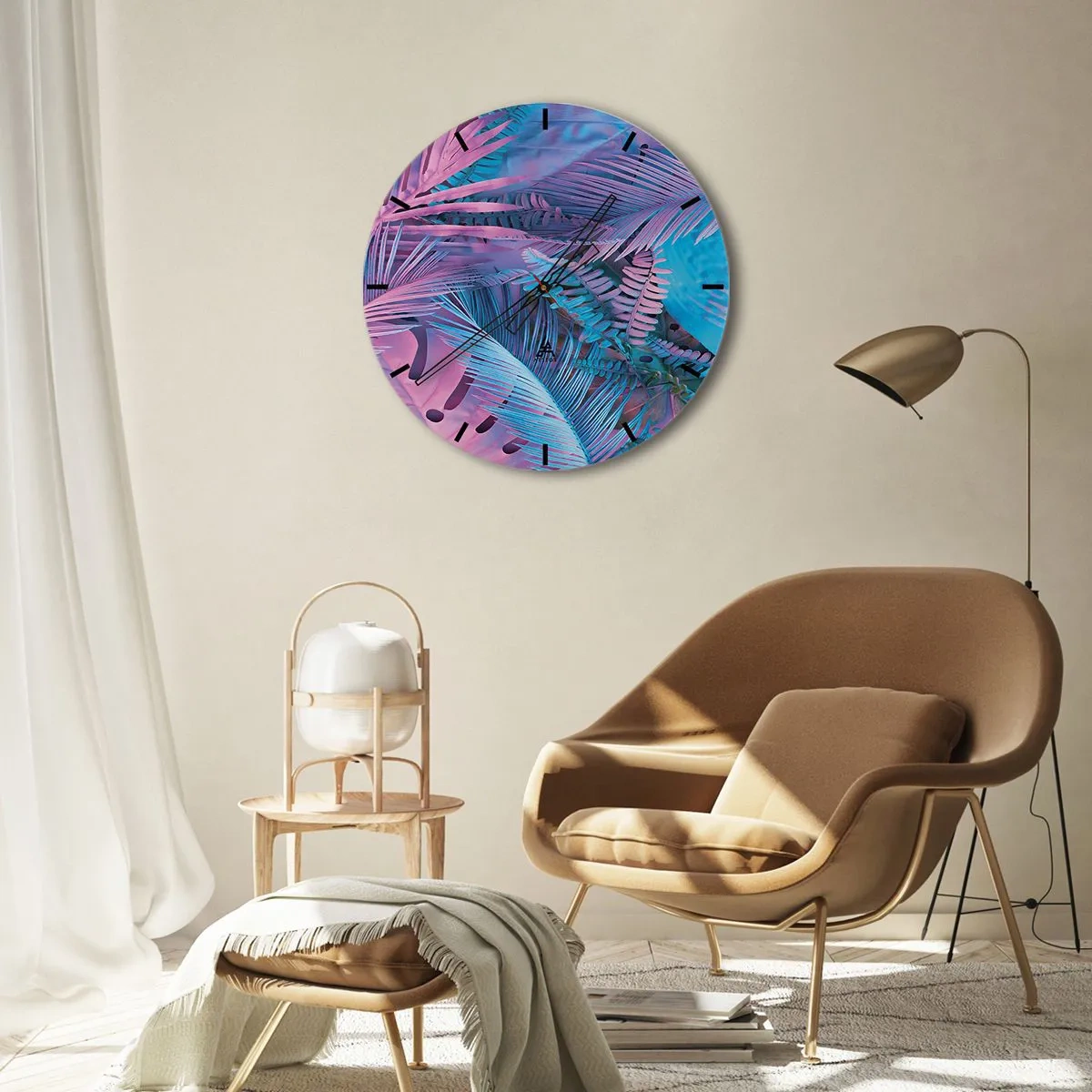 Ceas de perete - Ceas pe sticlă - compoziție abstractă din frunze de palmier în nuanțe de roz și albastru. - 30x30cm - Palmieri în alb și albastru - Decorațiune modernă pentru perete pentru living, bucătărie și dormitor ARTTOR