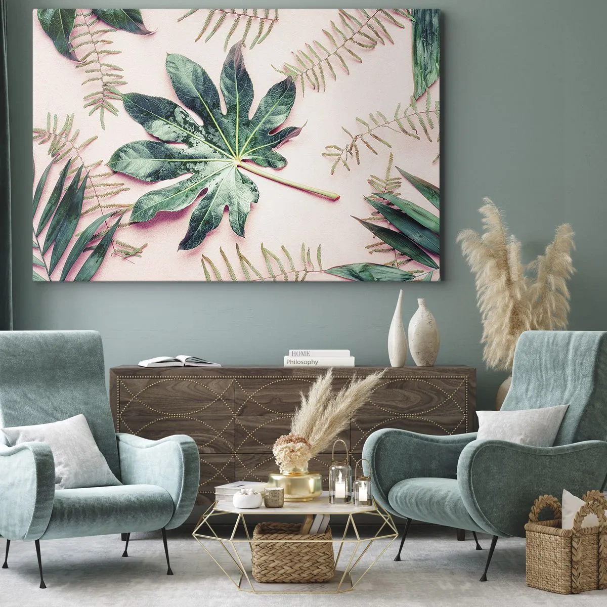 Tablou pe pânză Canvas - Frunze tropicale pe un fundal pastel deschis - 70x50cm - Studiu de verdeață pe un fundal roz - Decorațiune modernă pentru perete pentru living și dormitor ARTTOR