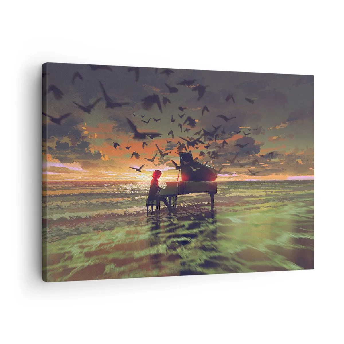 Tablou pe pânză Canvas - Un pian pe malul mării la apus cu păsări - 70x50cm - Concert pentru pian și valuri - Decorațiune modernă pentru perete pentru living și dormitor ARTTOR