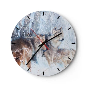 Ceas de perete - Ceas pe sticlă - Un lup într-un peisaj de iarnă, înconjurat de copaci înzăpeziți - 30x30cm - Atenție! Vine... - Decorațiune modernă pentru perete pentru living, bucătărie și dormitor ARTTOR