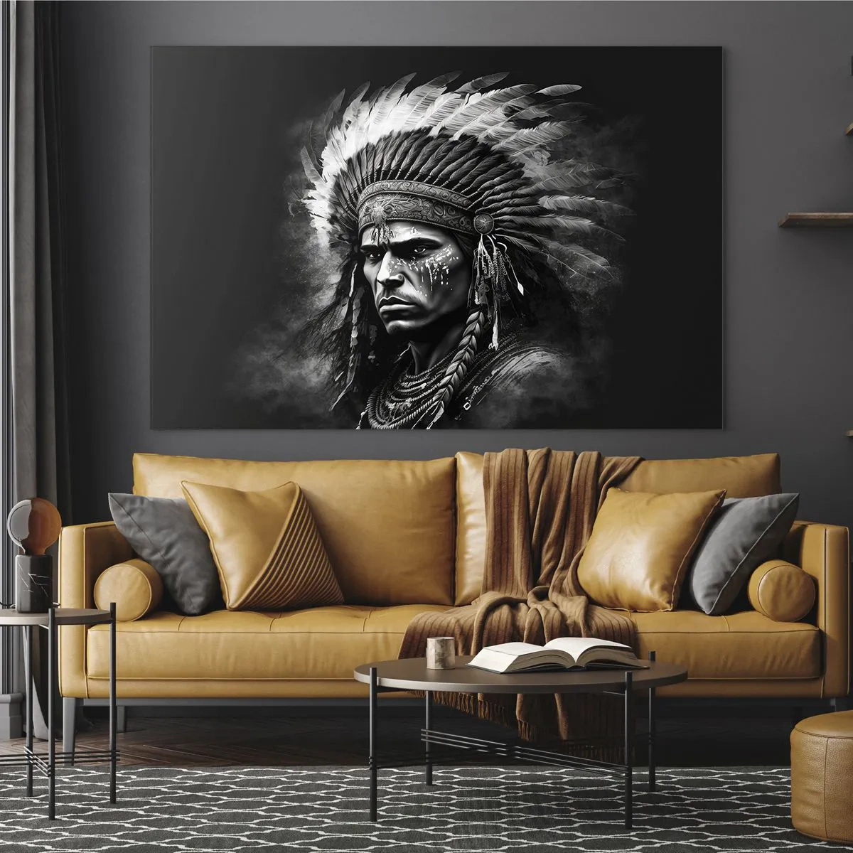 Tablou pe sticlă - Portret alb-negru al unui războinic cu o coafură cu pene - 70x50cm - Conducător și luptător - Decorațiune modernă pentru perete pentru living și dormitor ARTTOR