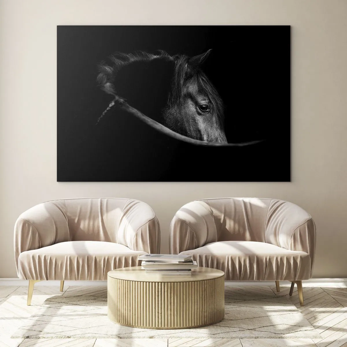 Tablou pe sticlă - Profilul unui cal negru în umbră cu un ochi vizibil - 70x50cm - Prințul negru - Decorațiune modernă pentru perete pentru living și dormitor ARTTOR