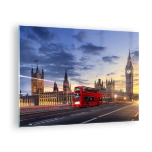 Tablou pe sticlă - Big Ben și autobuzul roșu din Londra la apus - 70x50cm - Semne distinctive - Decorațiune modernă pentru perete pentru living și dormitor ARTTOR