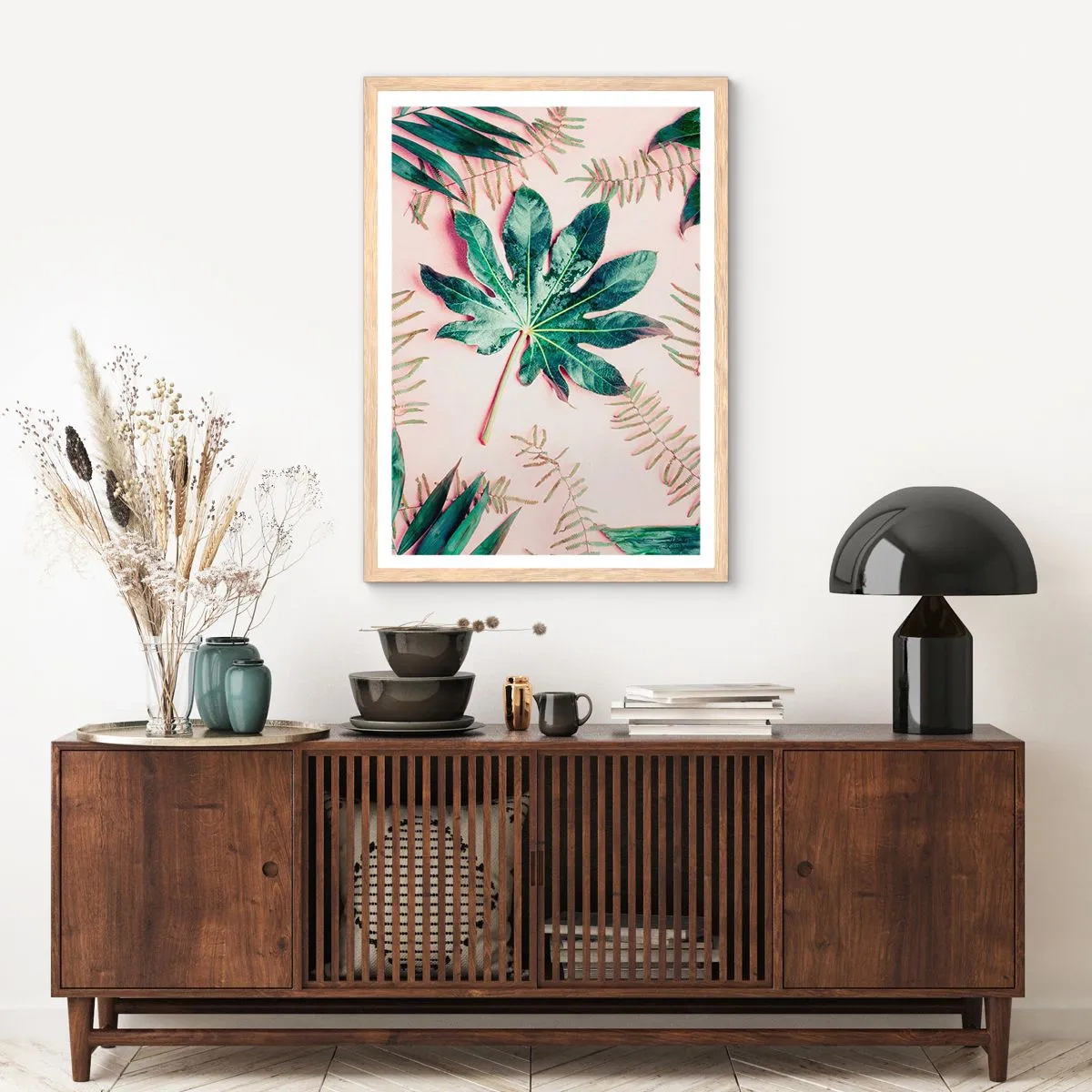 Poster în ramă de stejar deschis - Studiu de verdeață pe un fundal roz - 70x100 cm