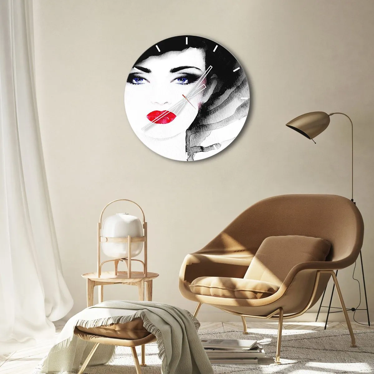 Ceas de perete - Ceas pe sticlă - Portretul unei femei cu buze roșii și ochi albaștri intensi - 30x30cm - Respinge și cheamă - Decorațiune modernă pentru perete pentru living, bucătărie și dormitor ARTTOR
