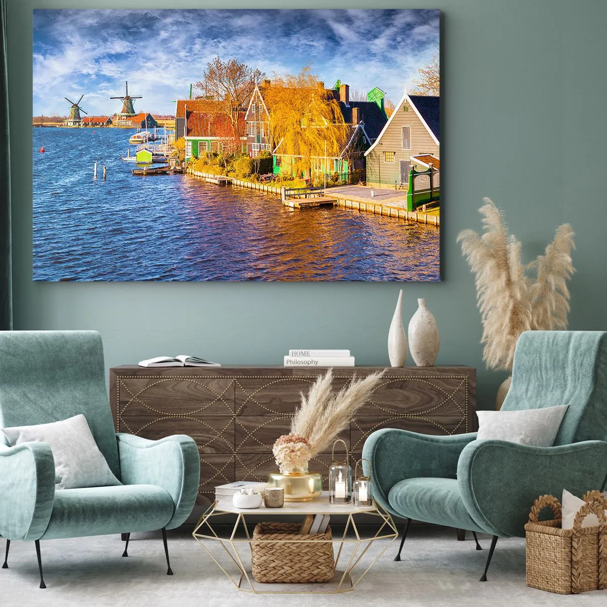 Tablou pe pânză Canvas - Case pitorești și mori de vânt lângă apă - 70x50cm - Neschimbat de secole - Decorațiune modernă pentru perete pentru living și dormitor ARTTOR