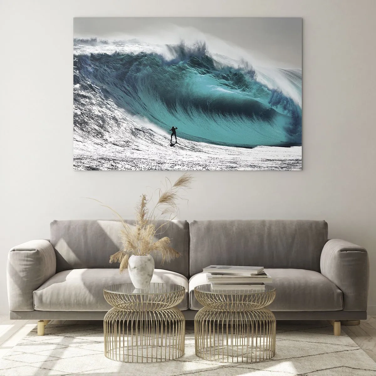 Tablou pe sticlă - Un surfer în fața unui val uriaș - 70x50cm - Provocare acceptată - Decorațiune modernă pentru perete pentru living și dormitor ARTTOR