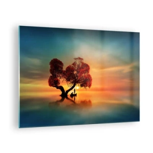 Tablou pe sticlă - Un copac cu frunze roșii pe fundalul apusului de soare - 70x50cm - Lume îndepărtată și tăcută - Decorațiune modernă pentru perete pentru living și dormitor ARTTOR