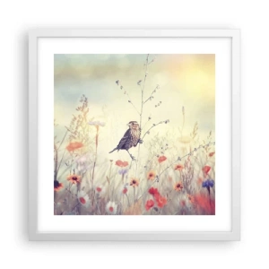 Poster în ramă albă - Portret de pasăre cu o pajiște în fundal - 40x40 cm