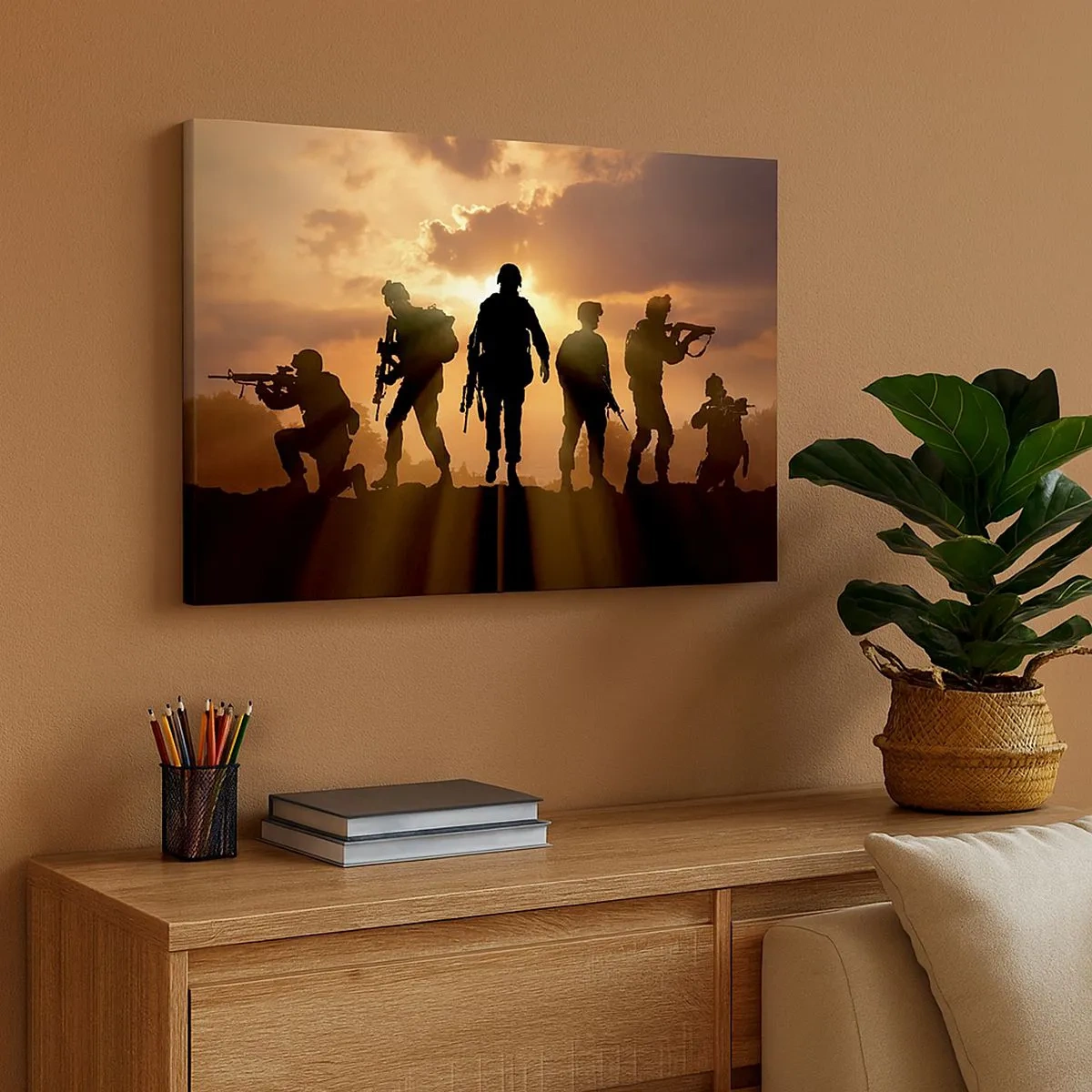 Tablou pe pânză Canvas - Soldați pe fundalul soarelui apus într-un decor dinamic - 70x50cm - Brothers in arms - Decorațiune modernă pentru perete pentru living și dormitor ARTTOR