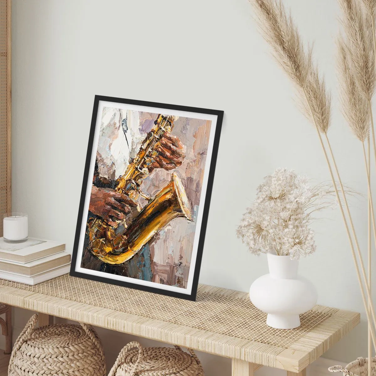 Poster în ramă neagră - Un saxofonist cântând într-un stil de pictură artistică - 50x70cm - E timpul pentru a cânta solo - Decorațiune modernă pentru perete pentru living și dormitor ARTTOR