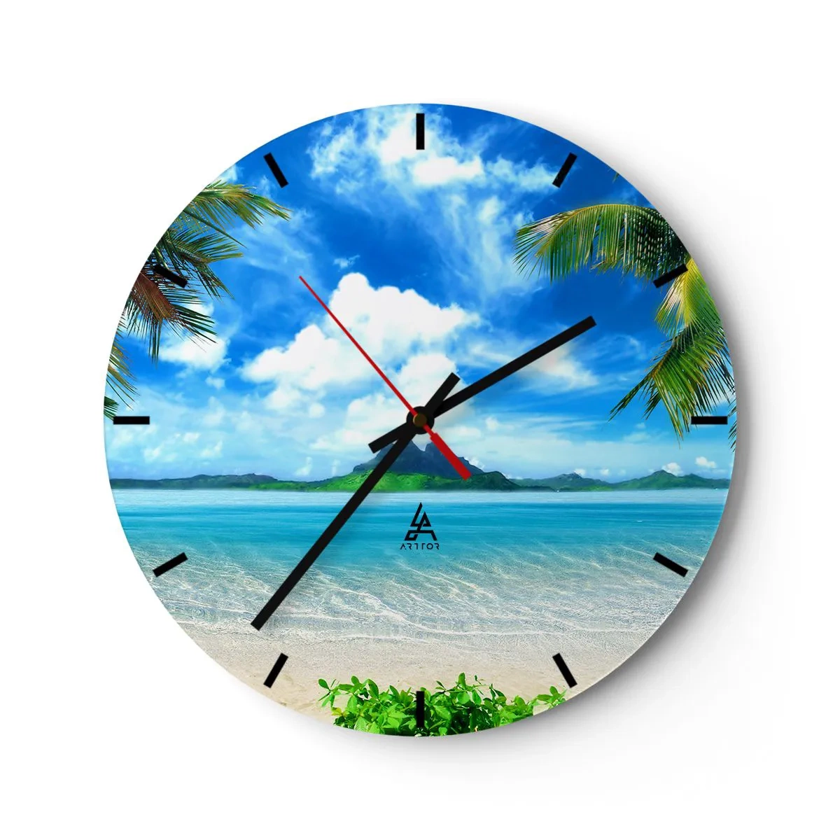 Ceas de perete - Ceas pe sticlă - O plajă exotică cu palmieri și mare azurie - 30x30cm - Azur de la tropice - Decorațiune modernă pentru perete pentru living, bucătărie și dormitor ARTTOR