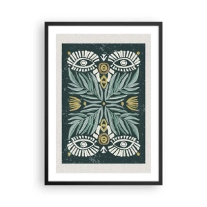 Poster în ramă neagră - Model simetric cu frunze și ochi pe un fundal întunecat - 50x70cm - Ca un decupaj folcloric - Decorațiune modernă pentru perete pentru living și dormitor ARTTOR