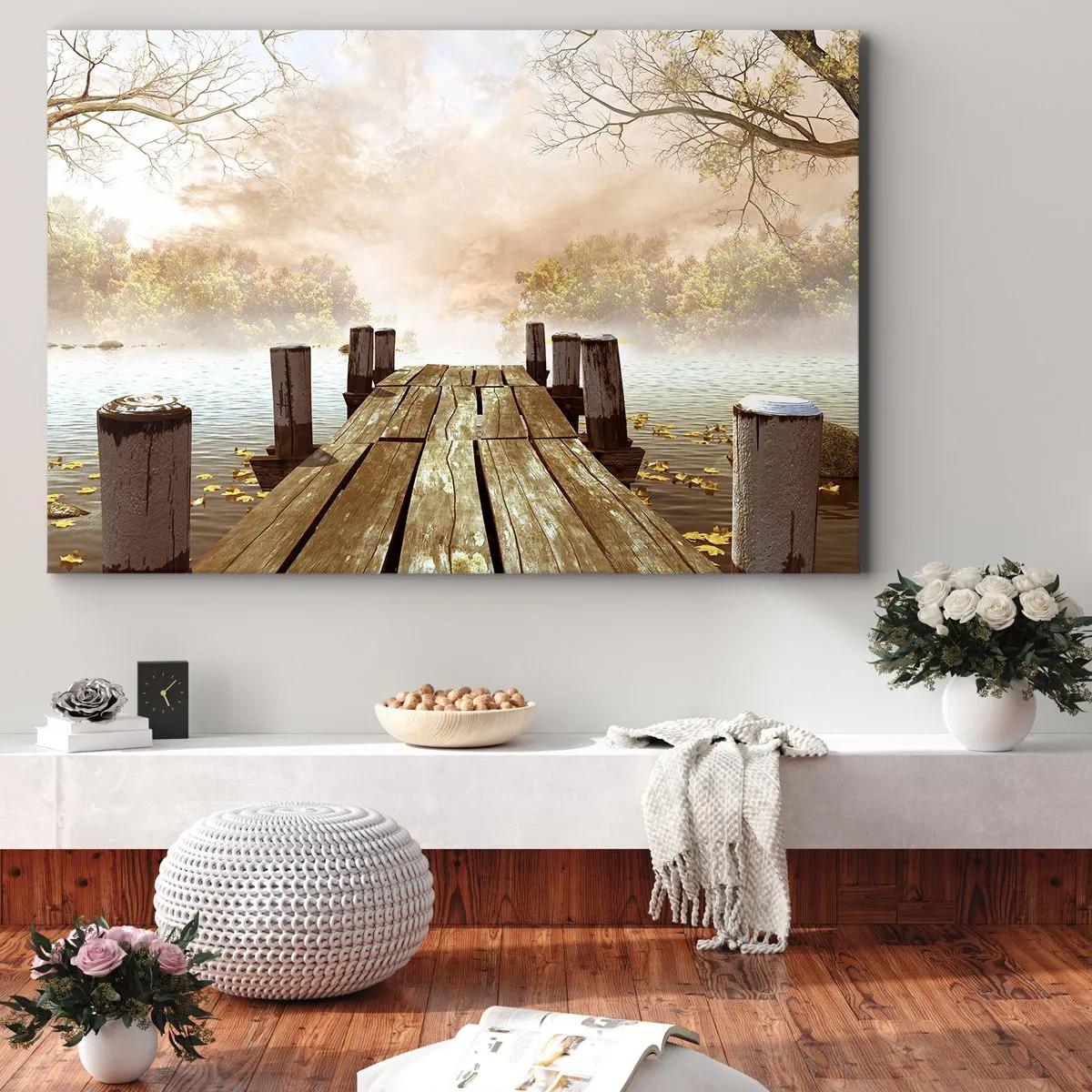 Tablou pe pânză Canvas - Un dig de lemn care duce spre un lac liniștit în ceața dimineții - 70x50cm - Tristețea blândă a toamnei - Decorațiune modernă pentru perete pentru living și dormitor ARTTOR