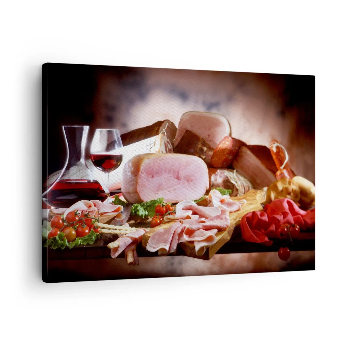 Tablou pe pânză Canvas - Mezeluri cu vin pe fundal rustic - 70x50cm - Un vis culinar cu o carafă - Decorațiune modernă pentru perete pentru living și dormitor ARTTOR