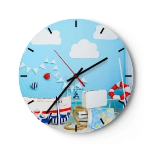 Ceas de perete - Ceas pe sticlă - Temă nautică cu fundal albastru - 30x30cm - Dorința copilărească de aventură - Decorațiune modernă pentru perete pentru living, bucătărie și dormitor ARTTOR