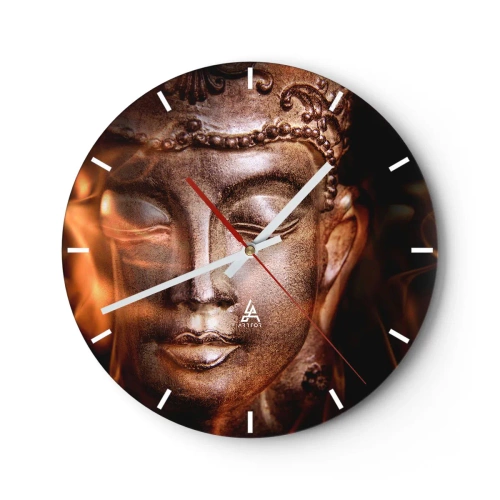 Ceas de perete - Ceas pe sticlă - O sculptură aurie a lui Buddha cu o lumină blândă în fundal - 30x30cm - Există doar aici și acum - Decorațiune modernă pentru perete pentru living, bucătărie și dormitor ARTTOR