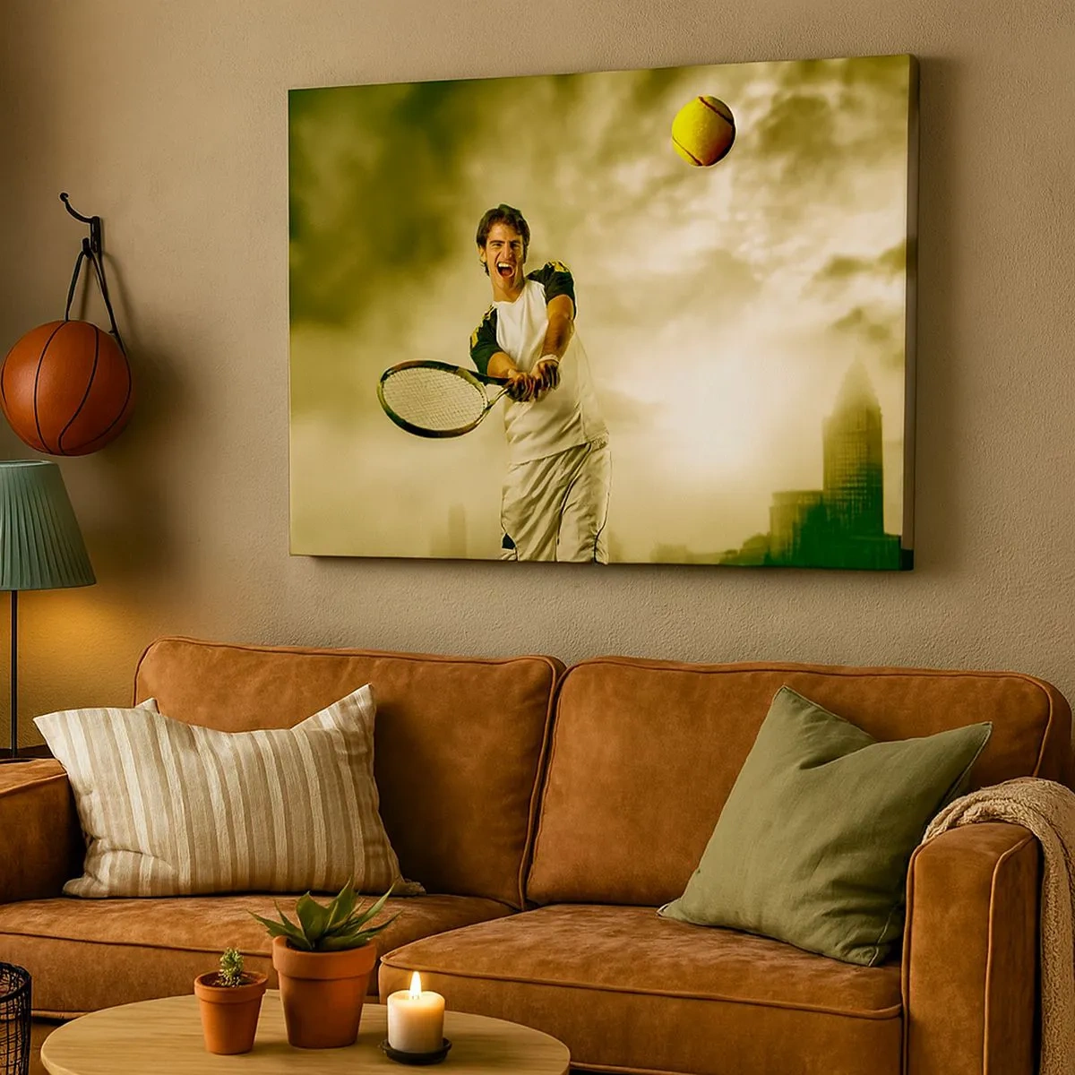 Tablou pe pânză Canvas - Jucător de tenis în acțiune în timpul unui meci pe fundalul unui peisaj urban - 70x50cm - Energie și bucurie - Decorațiune modernă pentru perete pentru living și dormitor ARTTOR