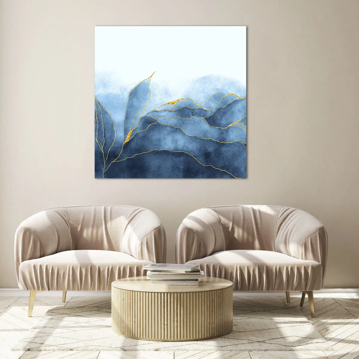 Tablou pe sticlă - Albastru în aur - 70x70 cm