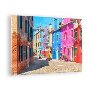 Tablou pe sticlă - Clădiri colorate pe o stradă îngustă într-un oraș însorit - 70x50cm - Orașul "Sub papagali" - Decorațiune modernă pentru perete pentru living și dormitor ARTTOR