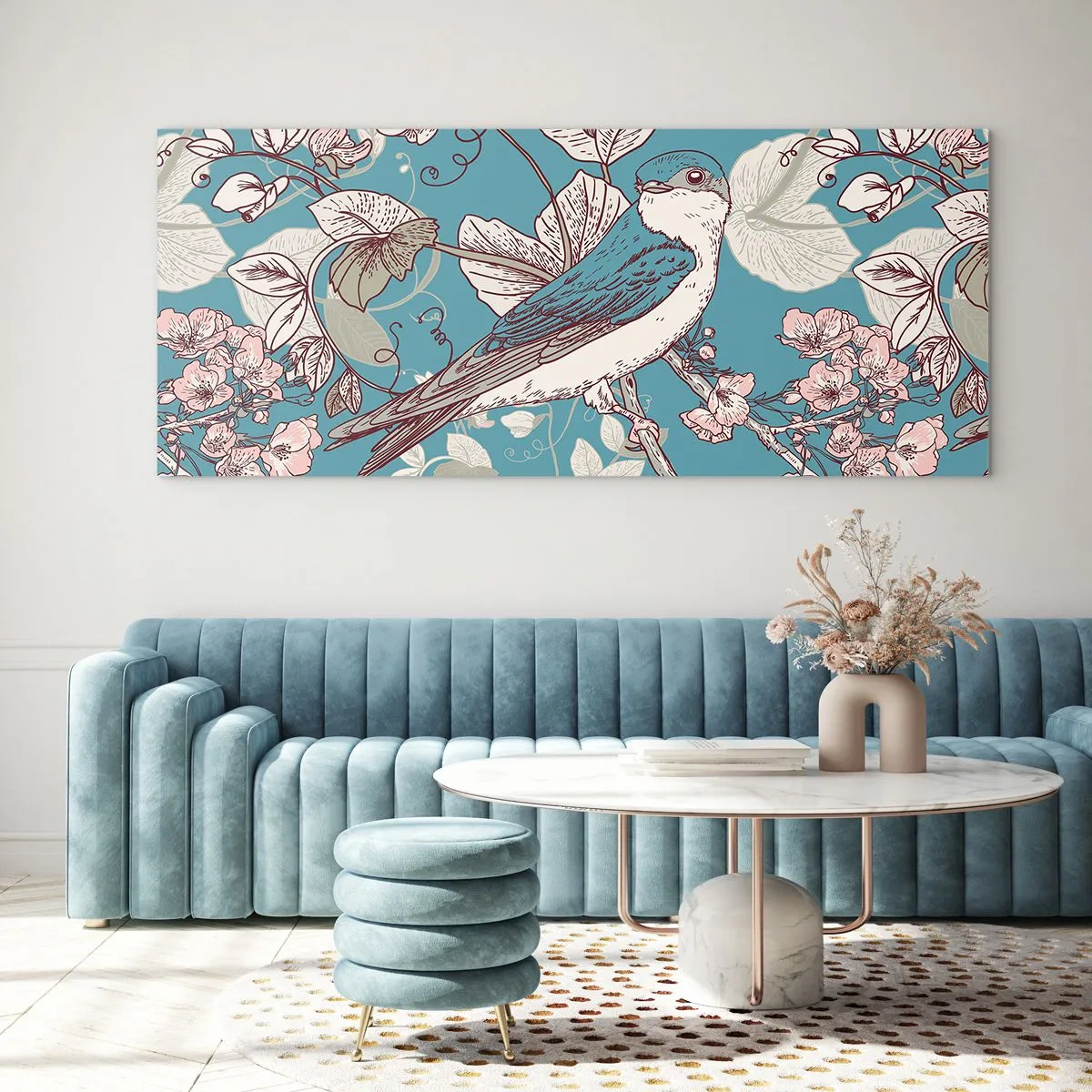 Tablou pe sticlă - Ciripit în florile albe - 140x50 cm