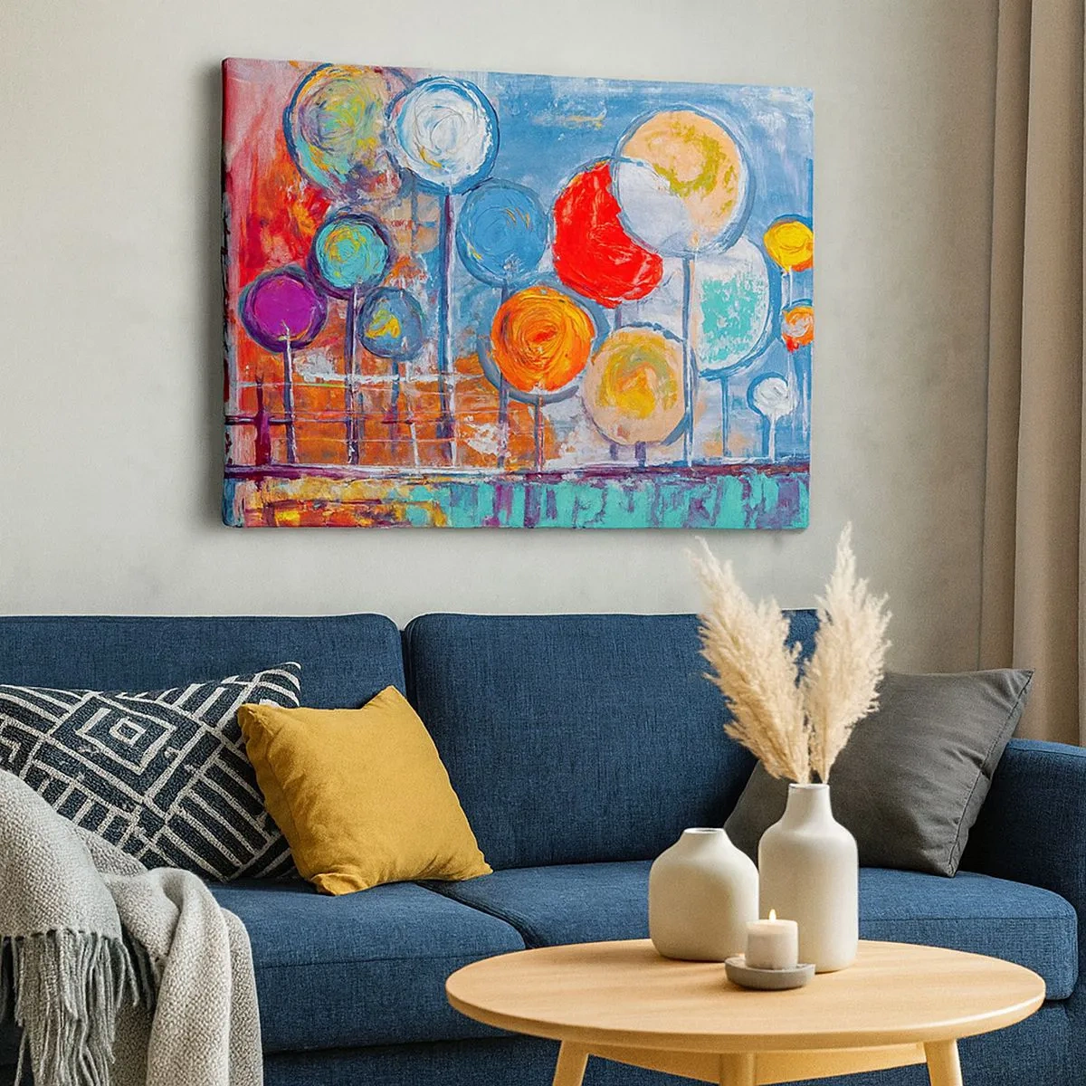 Tablou pe pânză Canvas - Copaci abstracți colorați pe fundal albastru - 70x50cm - Toate ciudăţeniile şi curiozităţile - Decorațiune modernă pentru perete pentru living și dormitor ARTTOR
