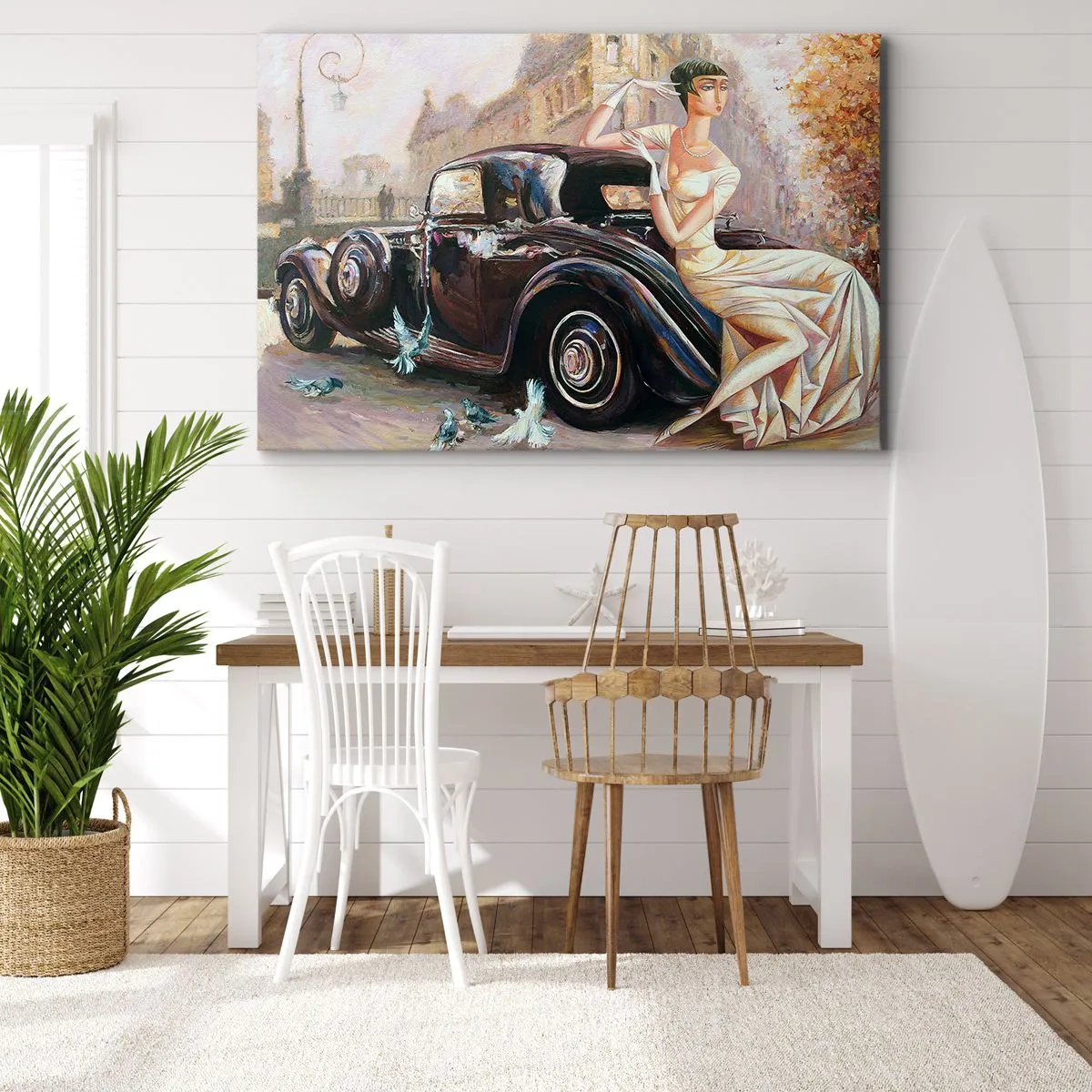 Tablou pe pânză Canvas - Femeie retro lângă mașină clasică - 70x50cm - Eleganță retro - Decorațiune modernă pentru perete pentru living și dormitor ARTTOR