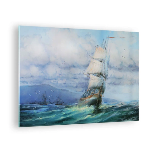 Tablou pe sticlă - O navă cu pânze navigând pe o mare furtunoasă sub un cer înnorat - 70x50cm - Vânturi bune - Decorațiune modernă pentru perete pentru living și dormitor ARTTOR