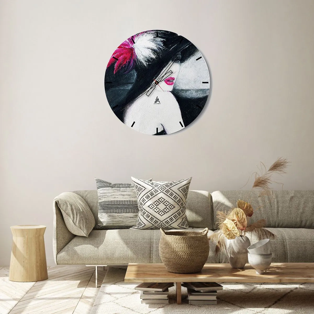 Ceas de perete - Ceas pe sticlă - Figură elegantă cu pălărie și decorațiuni roșii - 30x30cm - Întotdeauna un mister - Decorațiune modernă pentru perete pentru living, bucătărie și dormitor ARTTOR