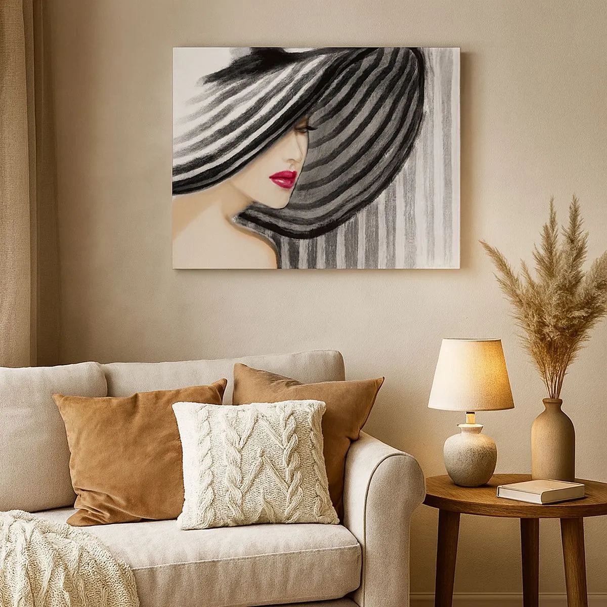 Tablou pe pânză Canvas - Femeie purtând o pălărie alb-negru cu accent roșu - 70x50cm - Unde te pot găsi? - Decorațiune modernă pentru perete pentru living și dormitor ARTTOR