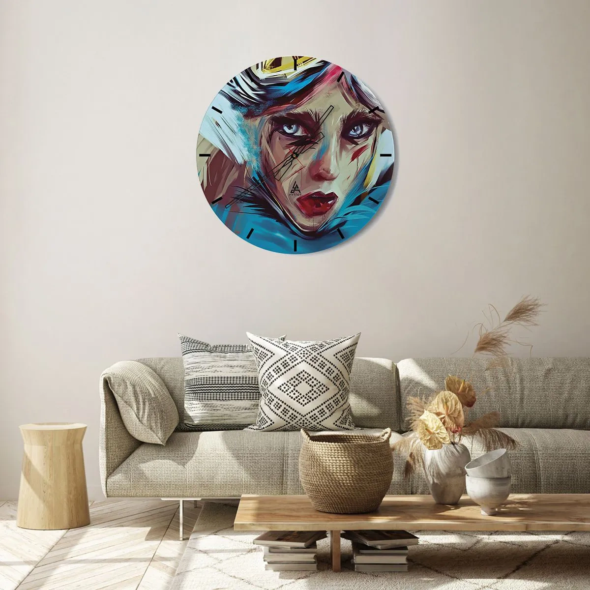 Ceas de perete - Ceas pe sticlă - Un portret expresiv al unei femei în culori intense - 30x30cm - Războinica de drum - Decorațiune modernă pentru perete pentru living, bucătărie și dormitor ARTTOR