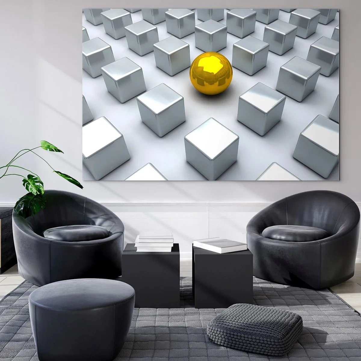 Tablou pe sticlă - O sferă de aur înconjurată de cuburi de argint - 70x50cm - De ce eu? Compoziție geometrică - Decorațiune modernă pentru perete pentru living și dormitor ARTTOR
