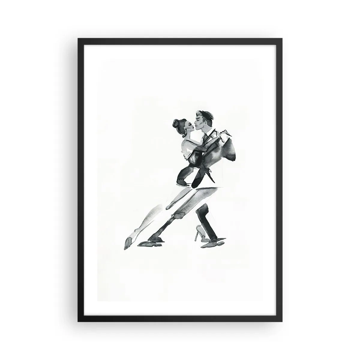 Poster în ramă neagră - Pictură în acuarelă alb-negru a unui cuplu dansator - 50x70cm - Într-un ritm - Decorațiune modernă pentru perete pentru living și dormitor ARTTOR