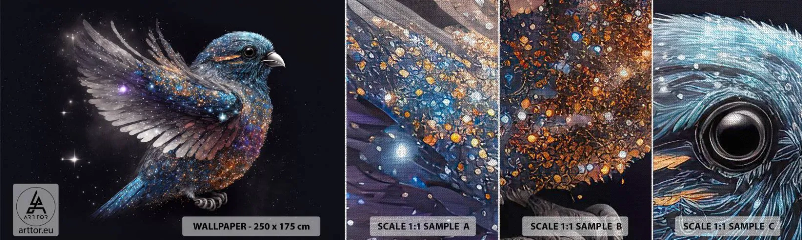 Mostră tapet Premium Canvas - Vrăbiuța de diamant - Pasăre, Magie, Cosmos - 100x30 cm