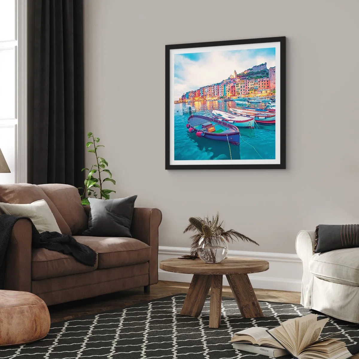 Poster în ramă neagră - O seară plină de culoare în port - 30x30 cm