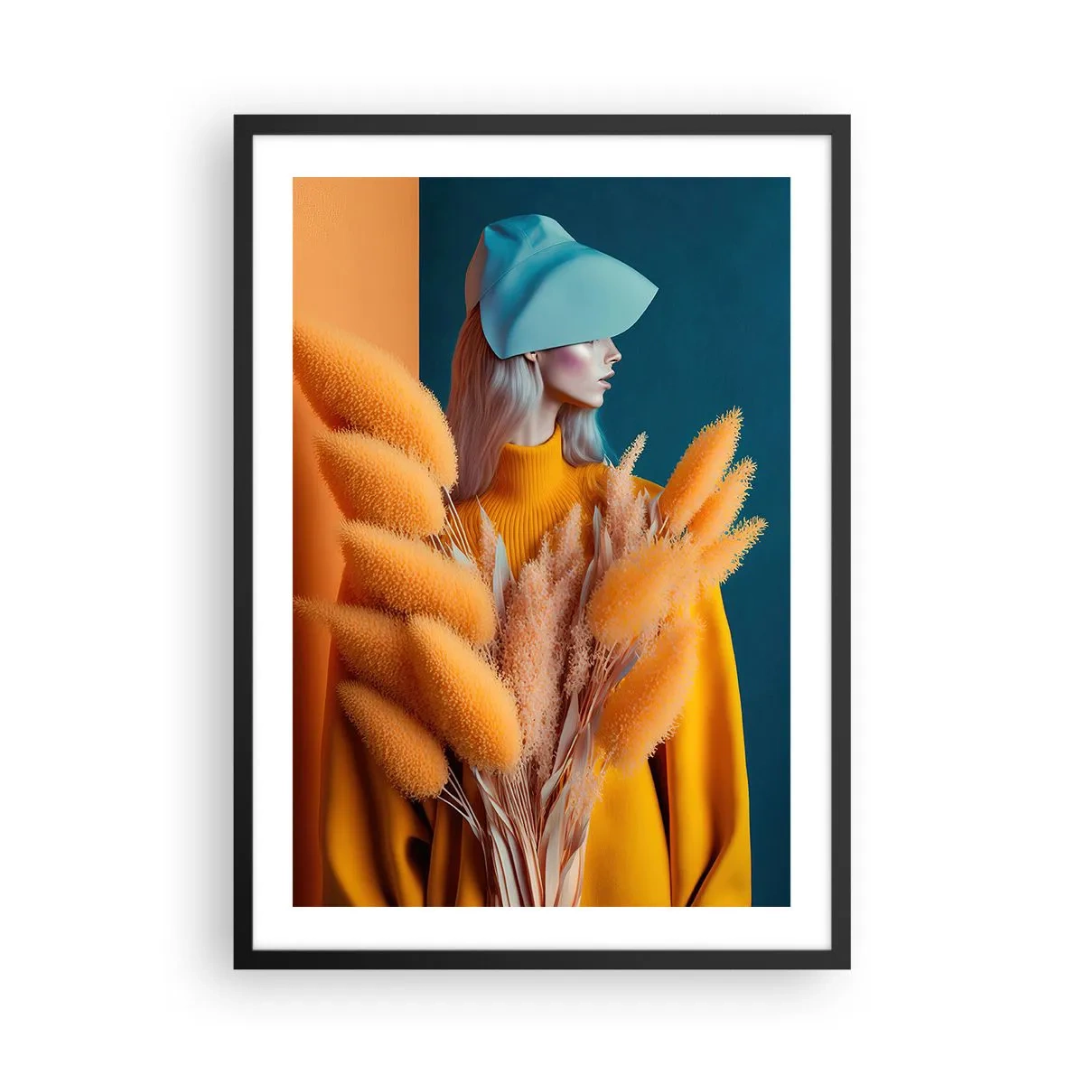 Poster în ramă neagră - Un portret modern al unei femei în culori calde - 50x70cm - Portret pufos - Decorațiune modernă pentru perete pentru living și dormitor ARTTOR