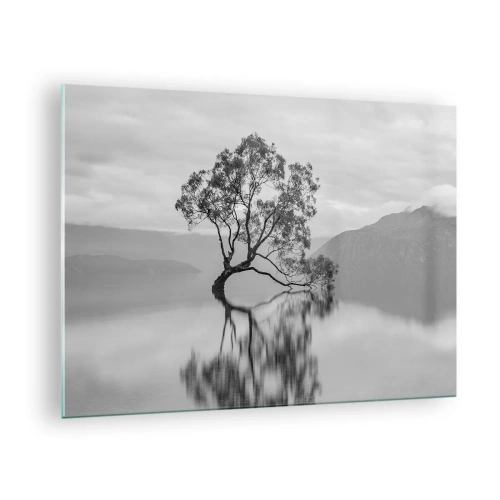 Tablou pe sticlă - Un copac singuratic pe apă într-un peisaj alb-negru - 70x50cm - Există o țară - Decorațiune modernă pentru perete pentru living și dormitor ARTTOR
