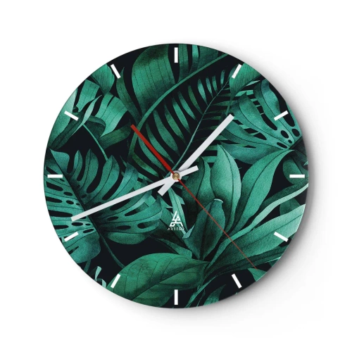 Ceas de perete - Ceas pe sticlă - Frunze verzi tropicale pe un fundal întunecat - 30x30cm - Profunzimea verdelui tropical - Decorațiune modernă pentru perete pentru living, bucătărie și dormitor ARTTOR