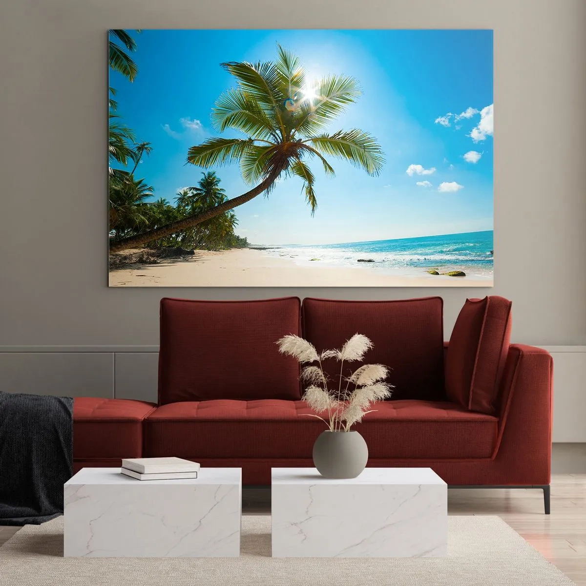 Tablou pe sticlă - Plajă tropicală cu palmieri și cer albastru - 70x50cm - Nu arăta nimănui - Decorațiune modernă pentru perete pentru living și dormitor ARTTOR