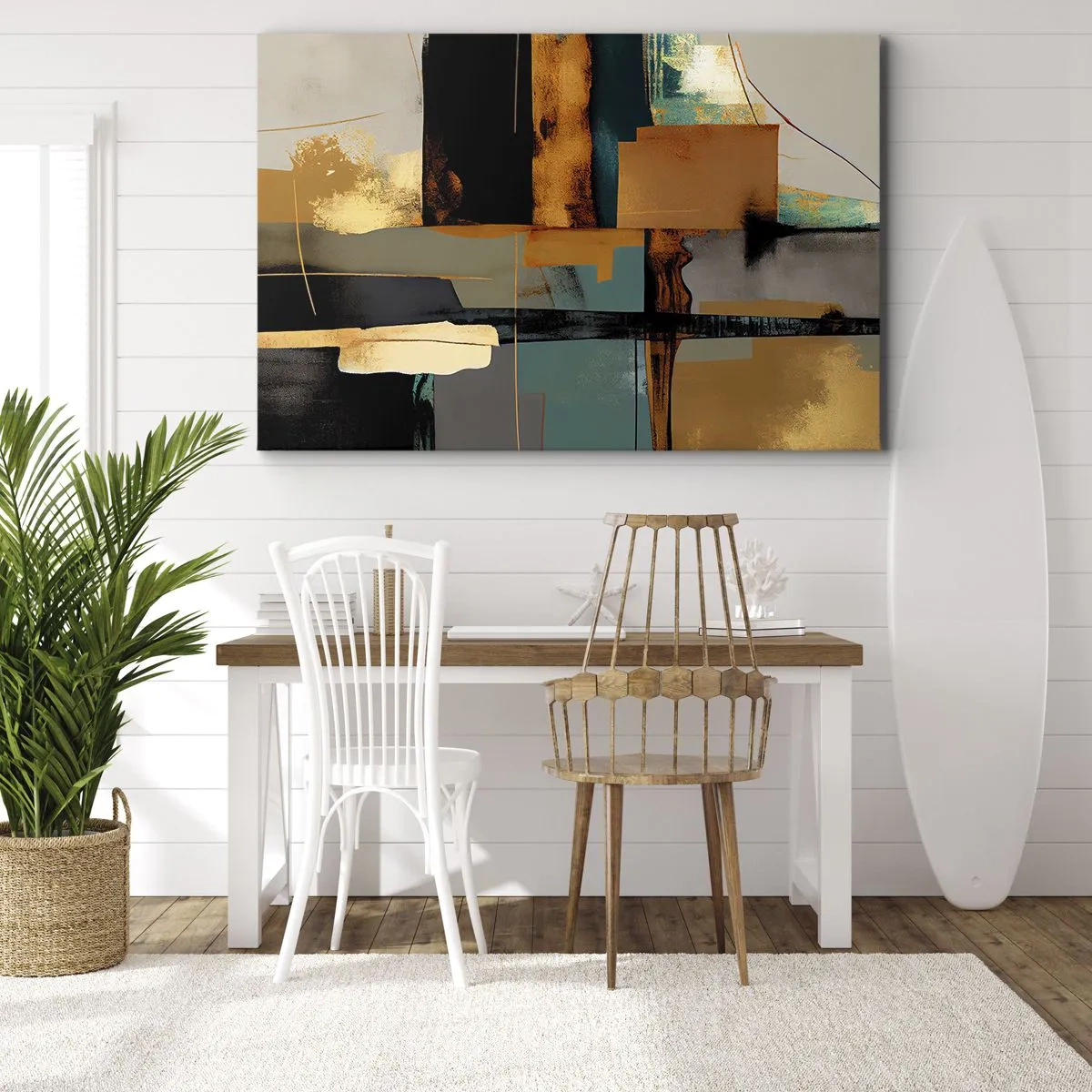 Tablou pe pânză Canvas - Compoziție abstractă cu elemente aurii și turcoaz - 70x50cm - Abstracția - lumină și umbră - Decorațiune modernă pentru perete pentru living și dormitor ARTTOR