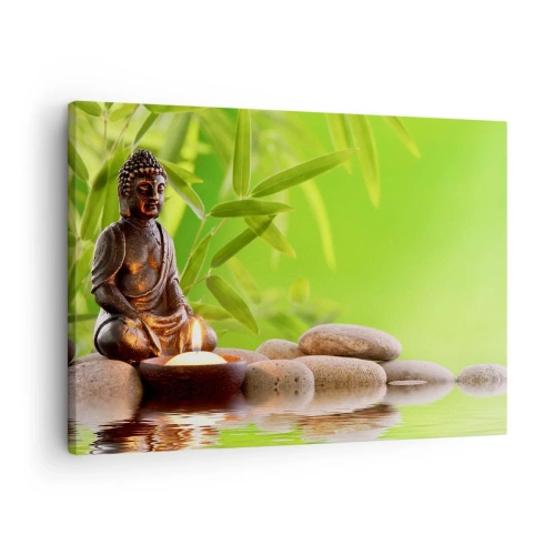 Tablou pe pânză Canvas - Figură de Buddha cu pietre și o lumânare pe un fundal de bambus - 70x50cm - Viața este frumoasă - Decorațiune modernă pentru perete pentru living și dormitor ARTTOR