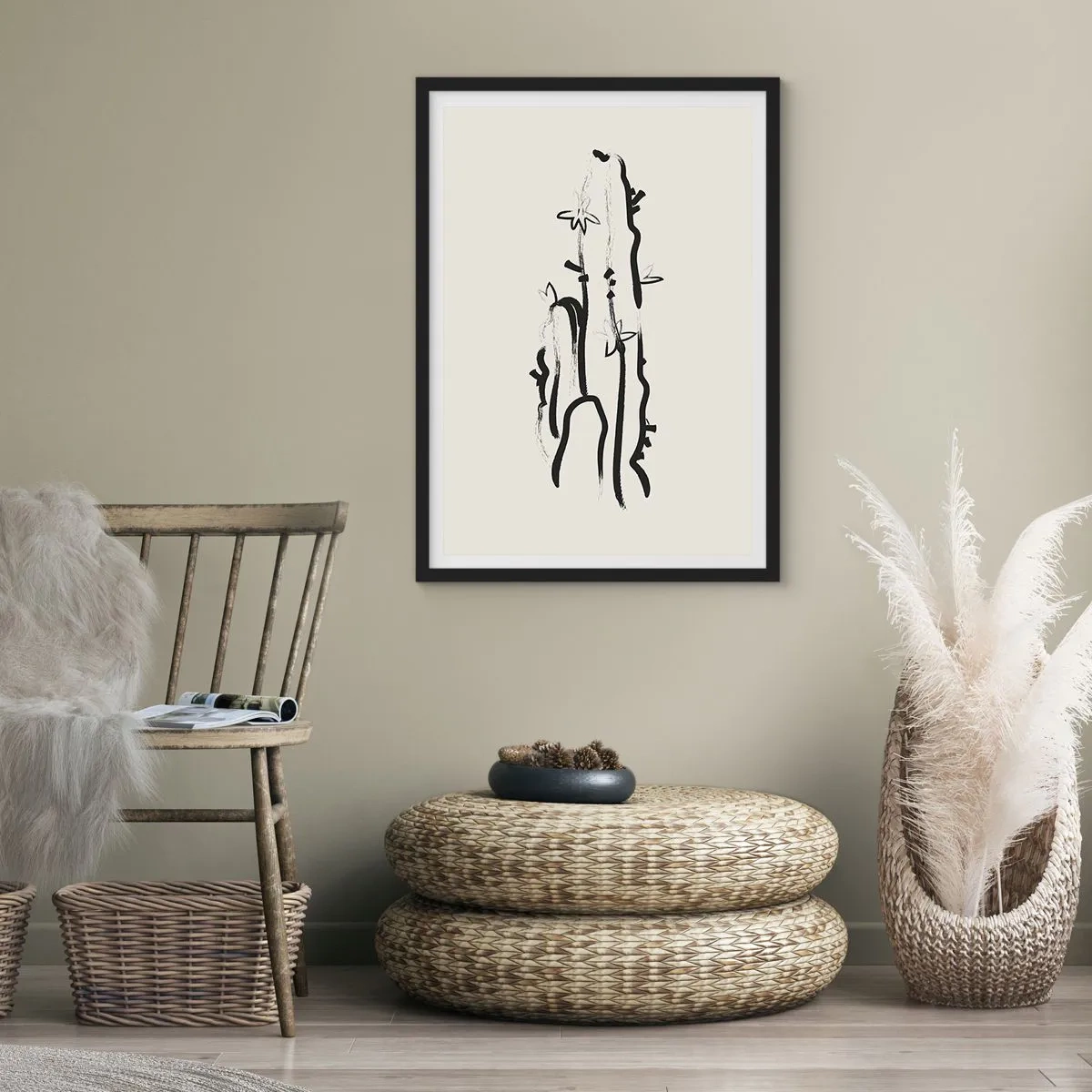 Poster în ramă neagră - Desen minimalist de cactus - 50x70cm - Floare de plante medicinale - Decorațiune modernă pentru perete pentru living și dormitor ARTTOR