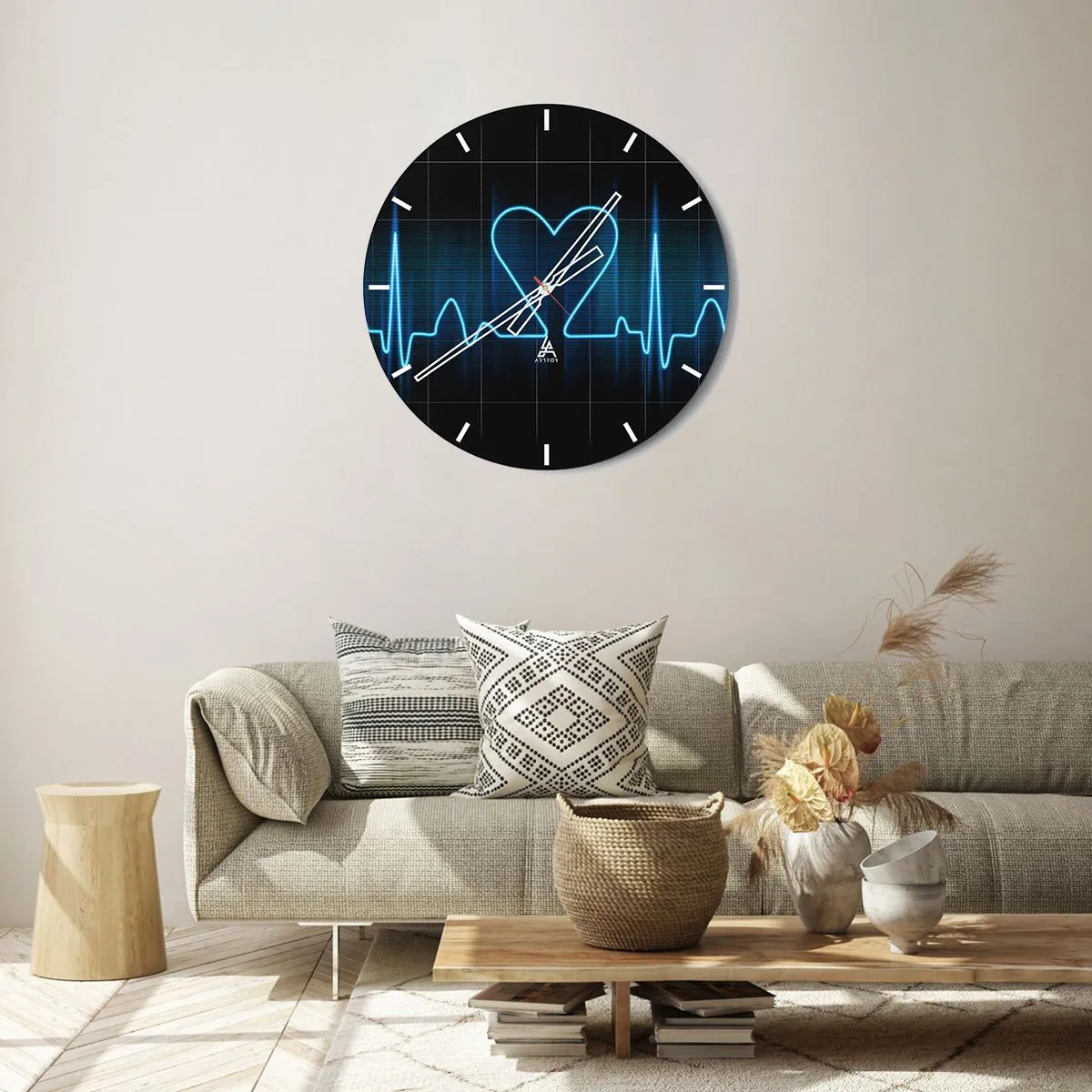 Ceas de perete - Ceas pe sticlă - Motiv de linie EKG în formă de inimă pe fundal negru - 30x30cm - În ritmul inimii - Decorațiune modernă pentru perete pentru living, bucătărie și dormitor ARTTOR
