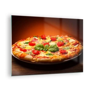 Tablou pe sticlă - Pizza cu roșii, busuioc și brânză topită - 70x50cm - Mamma mia! - Decorațiune modernă pentru perete pentru living și dormitor ARTTOR