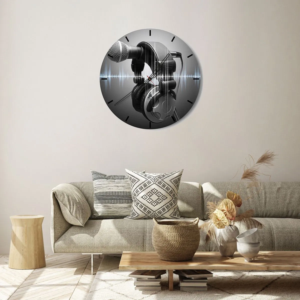 Ceas de perete - Ceas pe sticlă - Microfon și căști cu undă sonoră pe fundal gri - 30x30cm - Încă se mai poate auzi cântecul - Decorațiune modernă pentru perete pentru living, bucătărie și dormitor ARTTOR